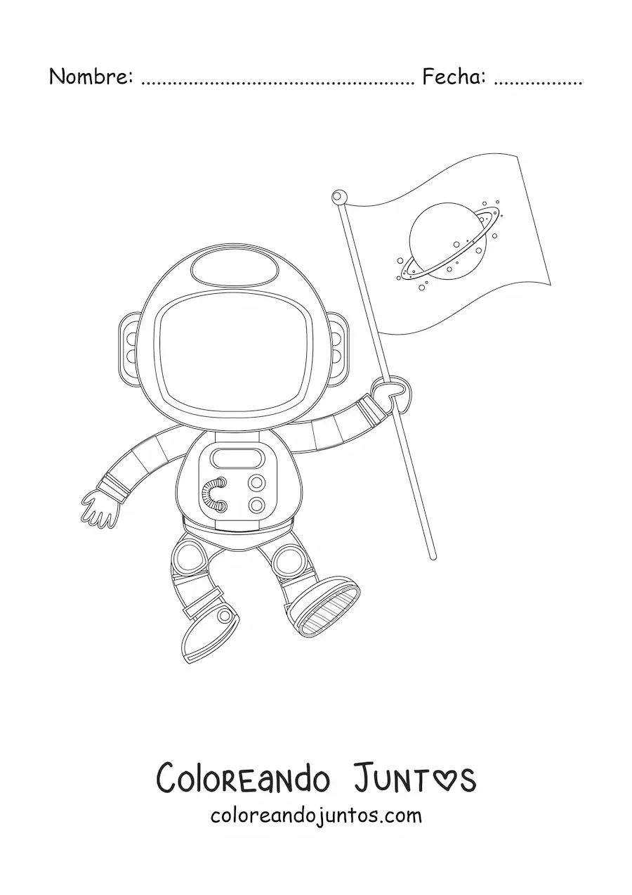Imagen para colorear de un astronauta animado sujetando una bandera