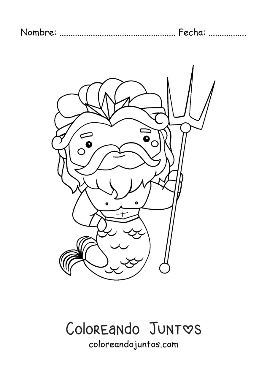 Imagen para colorear de Poseidón animado kawaii con un tridente
