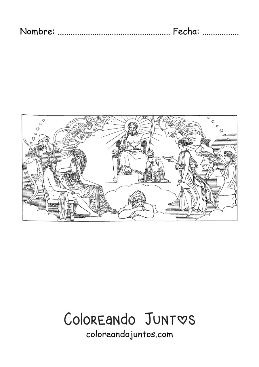 Imagen para colorear de Zeus y los dioses griegos en el Olimpo