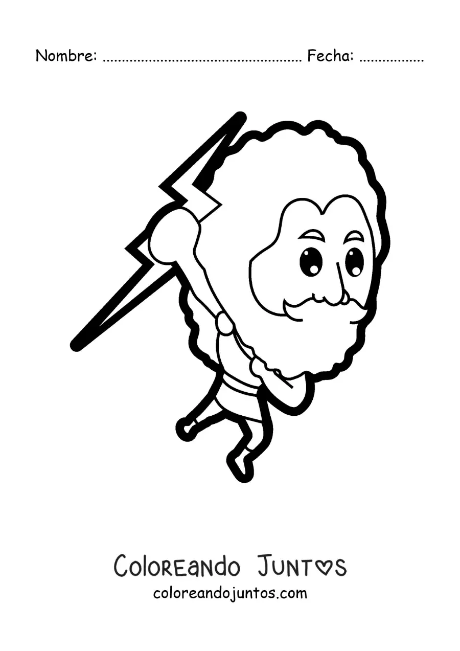 Imagen para colorear de una caricatura de Zeus el dios griego lanzando un rayo
