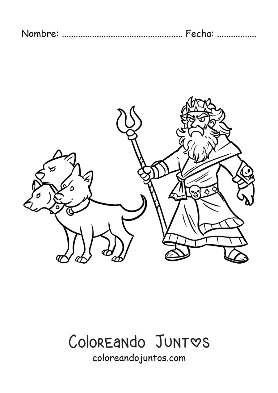 Imagen para colorear del dios Hades animado con su perro Cerbero