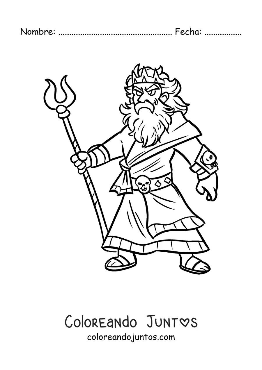 Imagen para colorear del dios griego del inframundo Hades animado con su bidente