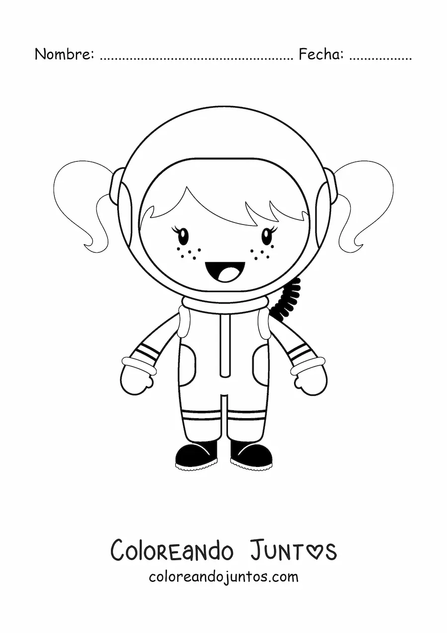 Imagen para colorear de una niña astronauta sonriente animada