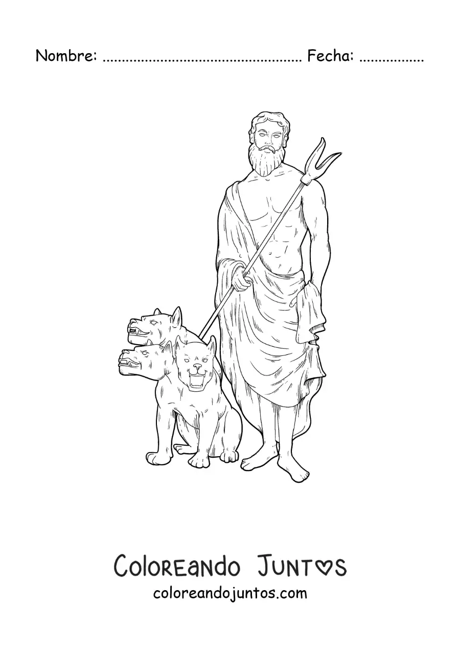 Imagen para colorear de Hades realista con su perro de tres cabezas Cerbero