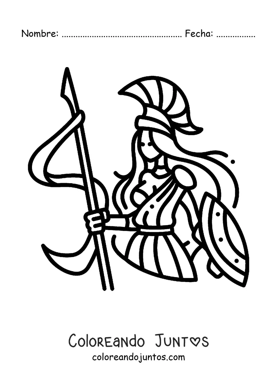Imagen para colorear de la diosa Atenea animada con su casco y escudo