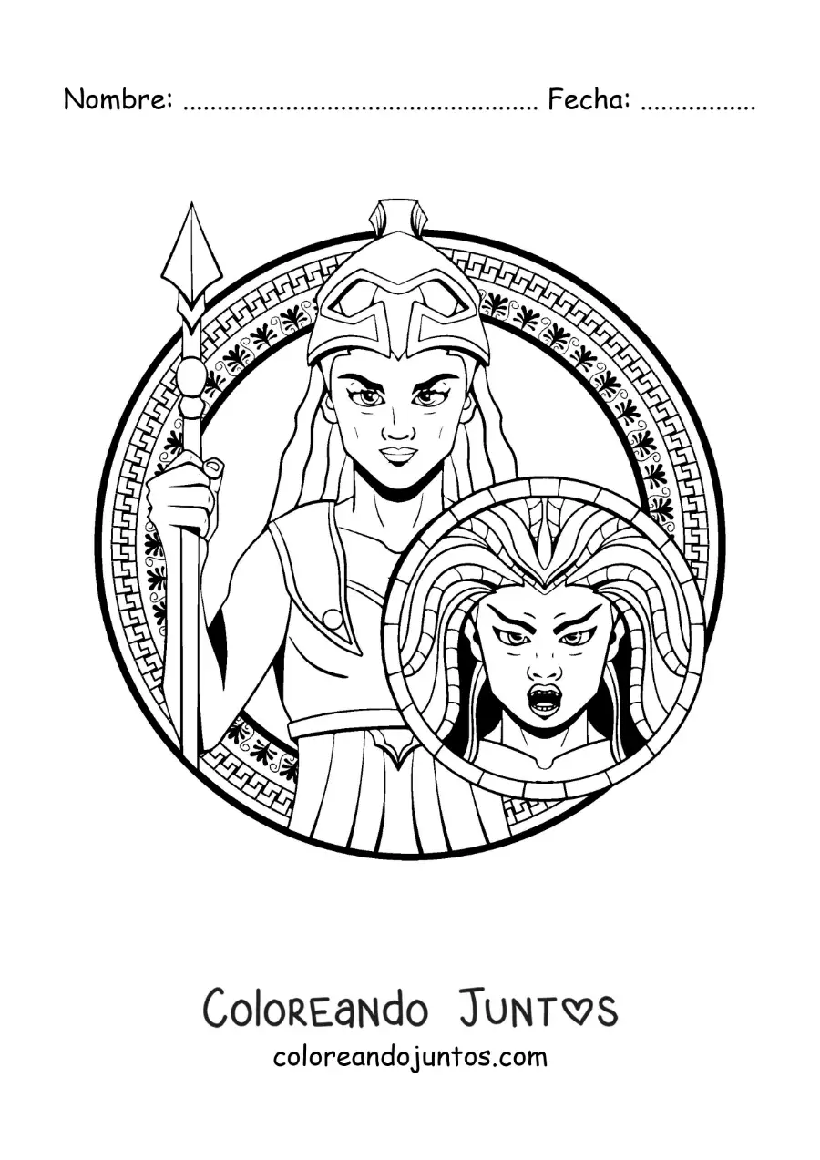 Imagen para colorear de Atenea y su casco de guerrera con una lanza y su escudo