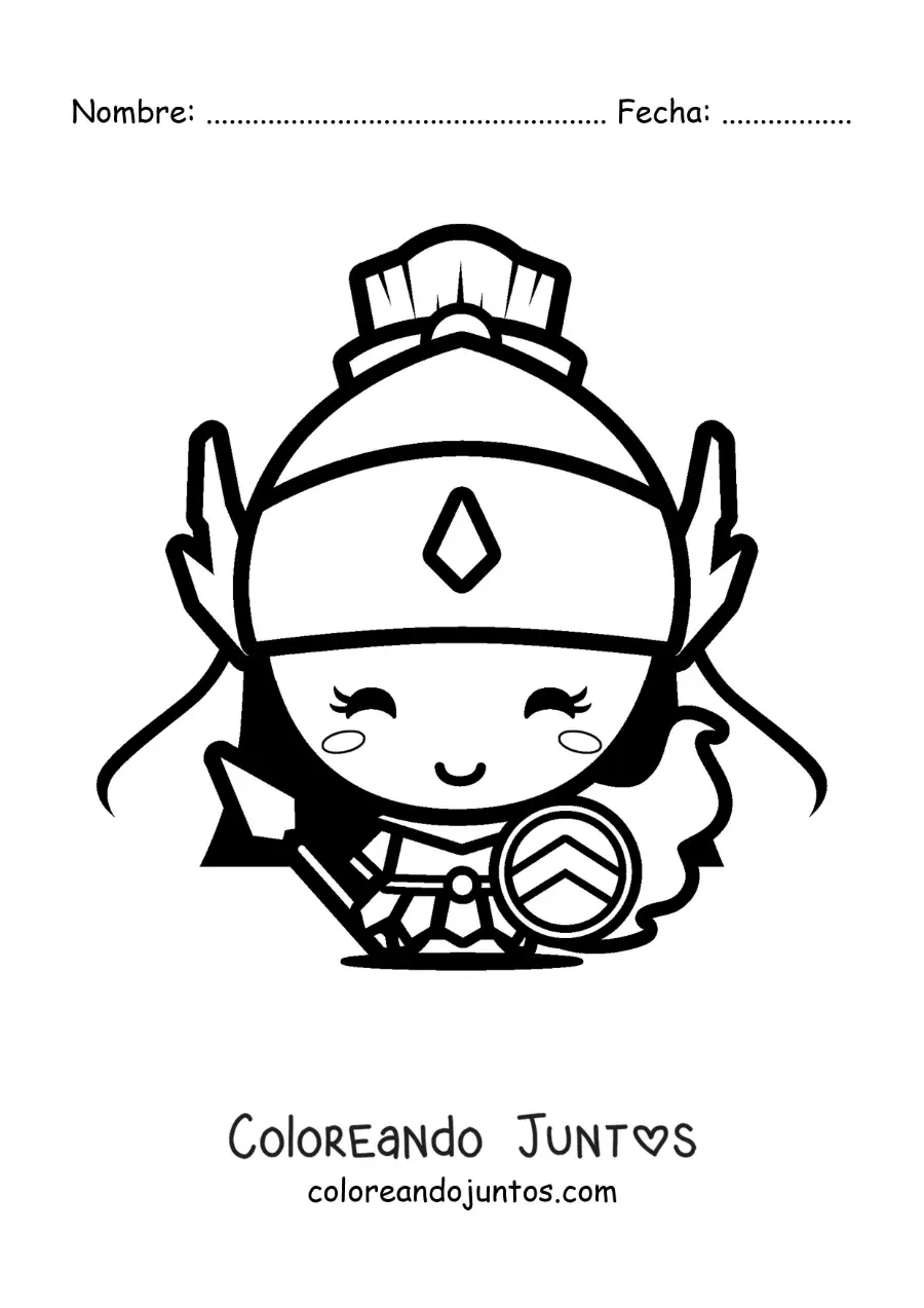 Imagen para colorear de Atenea y su casco de guerrera kawaii