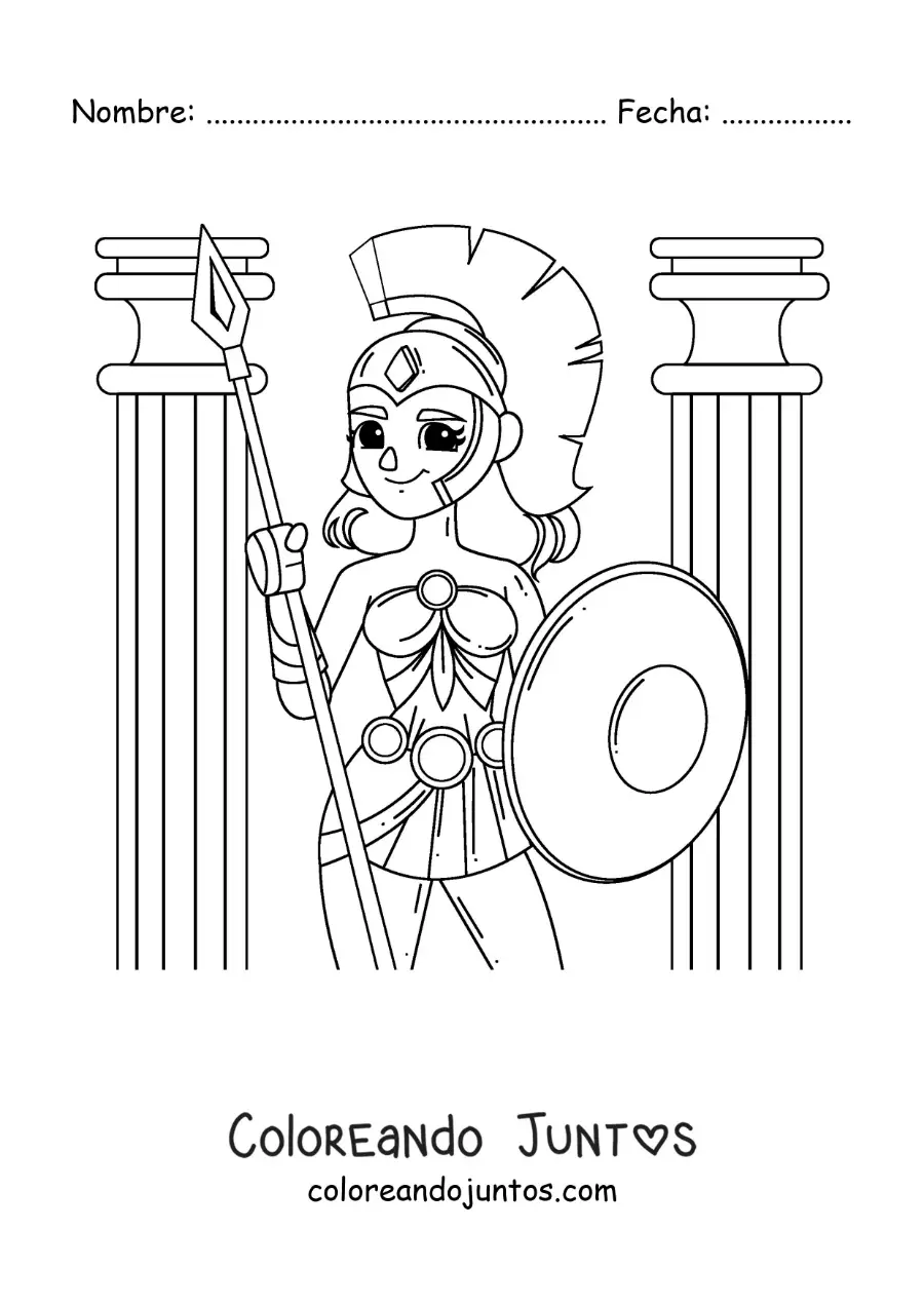 Imagen para colorear de la diosa Atenea animada con su lanza y armadura