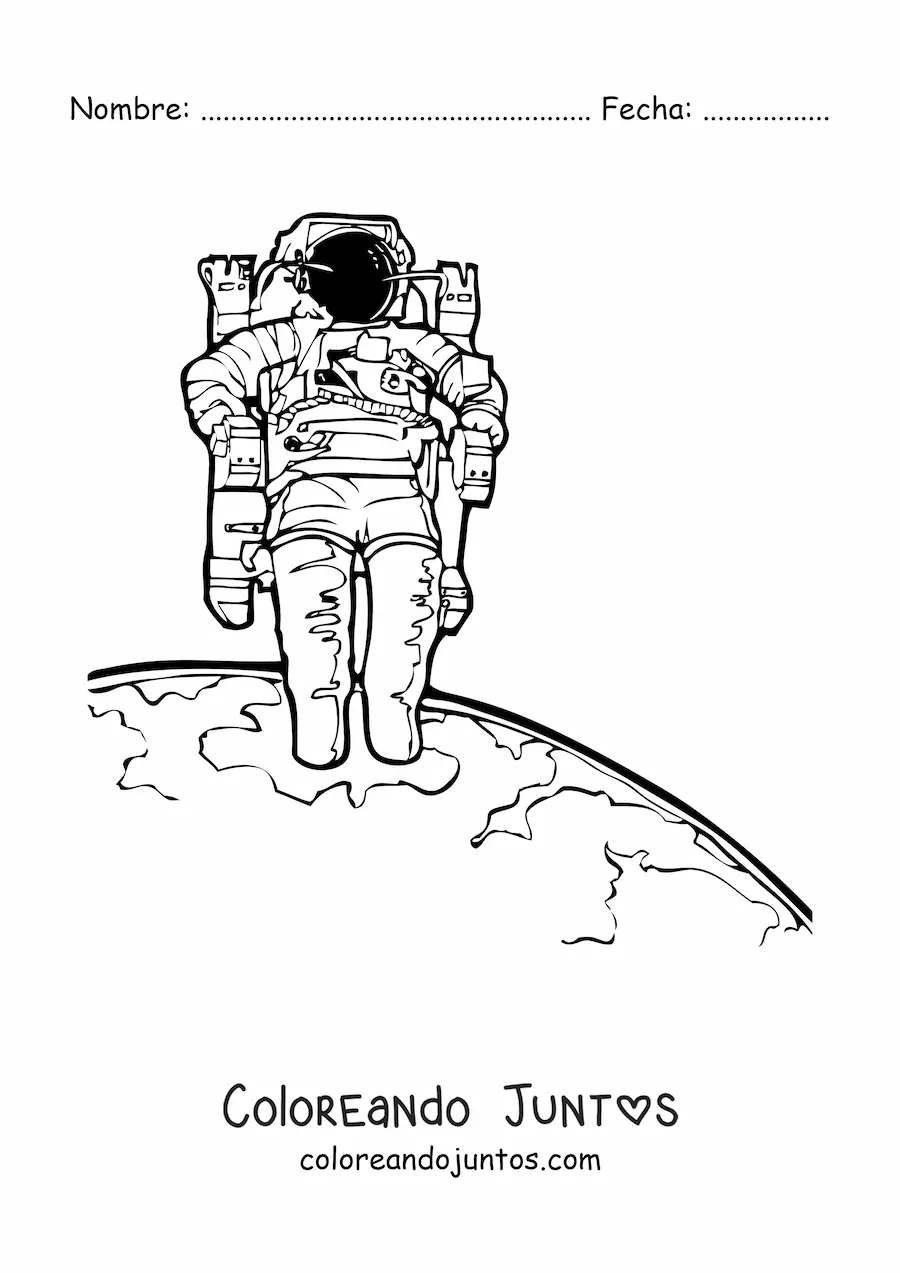 Imagen para colorear de un astronauta en traje espacial realista flotando sobre la Tierra