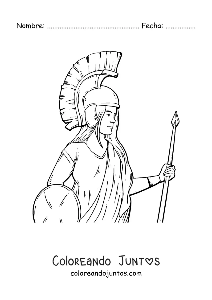 Imagen para colorear de Atenea con su casco y su escudo en un estilo realista