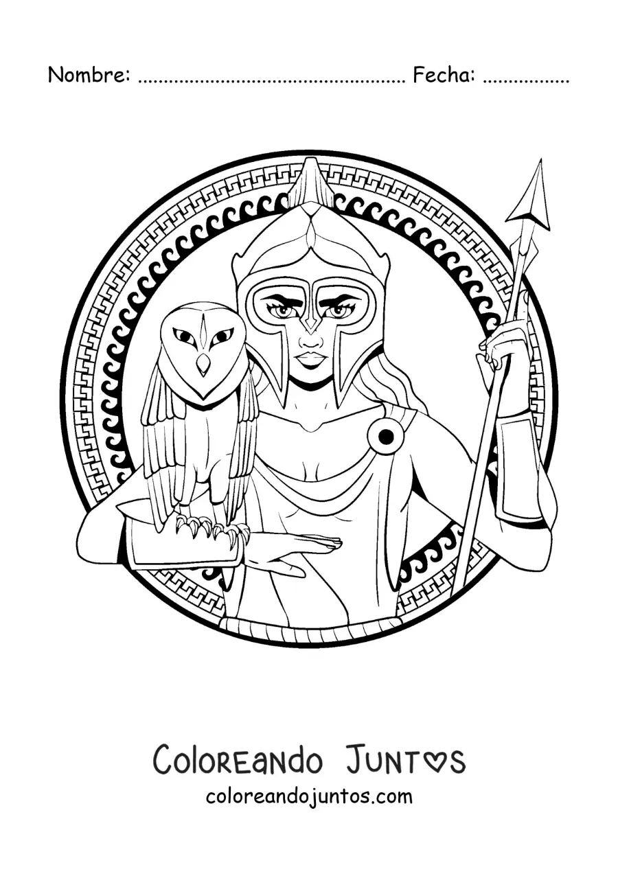 Imagen para colorear de la diosa Atenea animada con su búho y su casco
