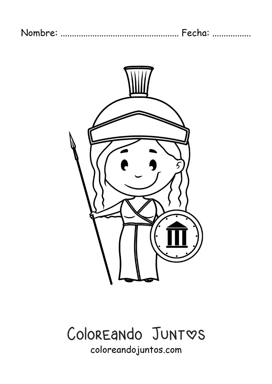 Imagen para colorear de Atenea y su lanza en un estilo kawaii animado