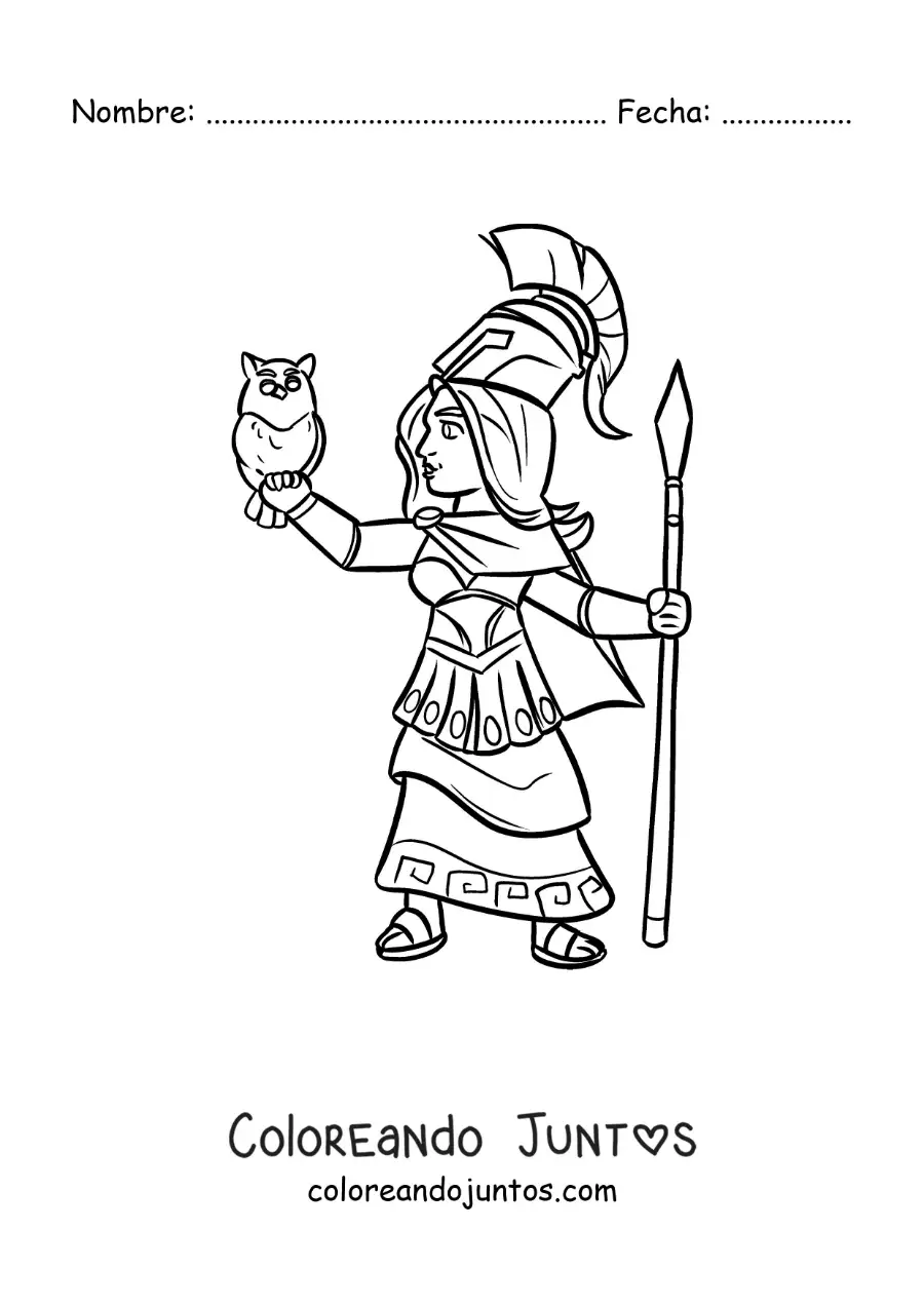 Imagen para colorear de Atenea la diosa de la sabiduría animada con su búho