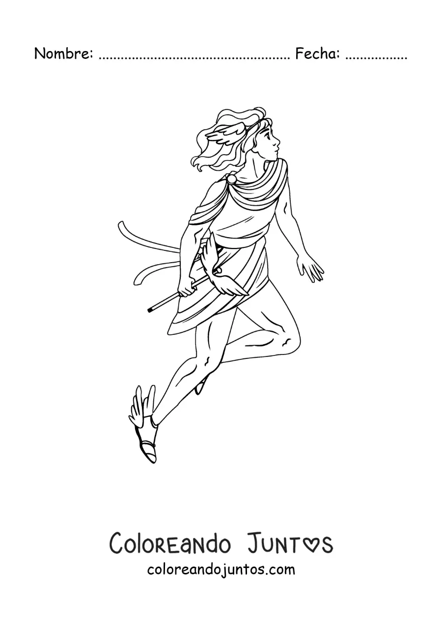 Imagen para colorear del dios griego Hermes animado volando con sus zapatillas aladas
