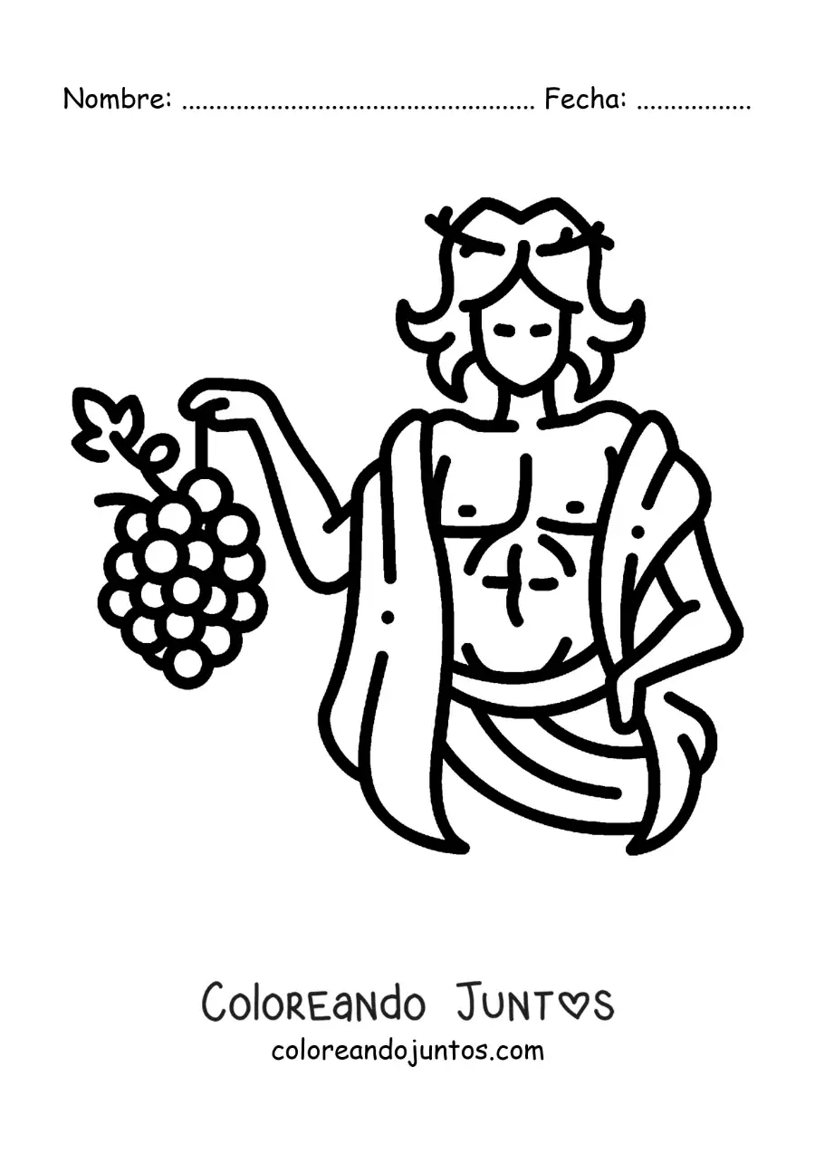 Imagen para colorear de Dionisio animado fácil con un racimo de uvas