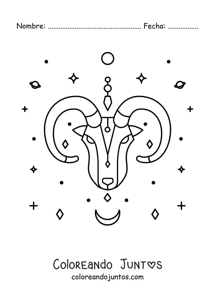 Imagen para colorear del carnero del signo aries con estrellas y astros