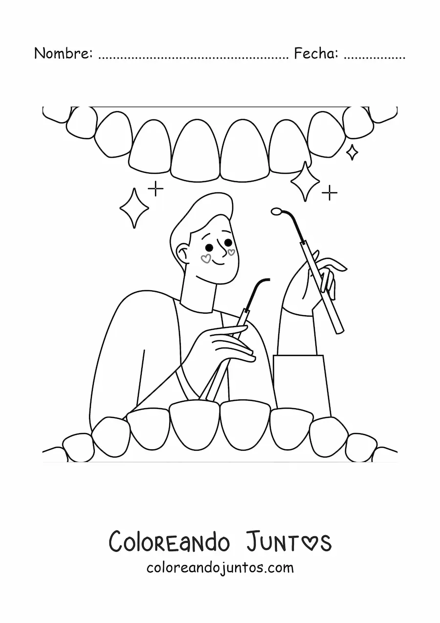 Imagen para colorear de un dentista examinando la boca de un paciente