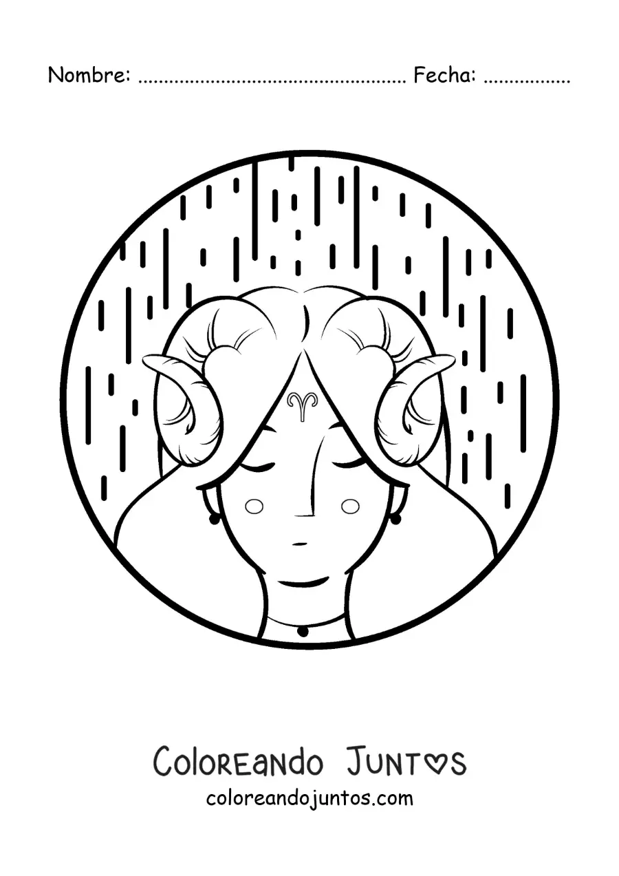 Imagen para colorear de chica del signo aries animada con el símbolo de aries