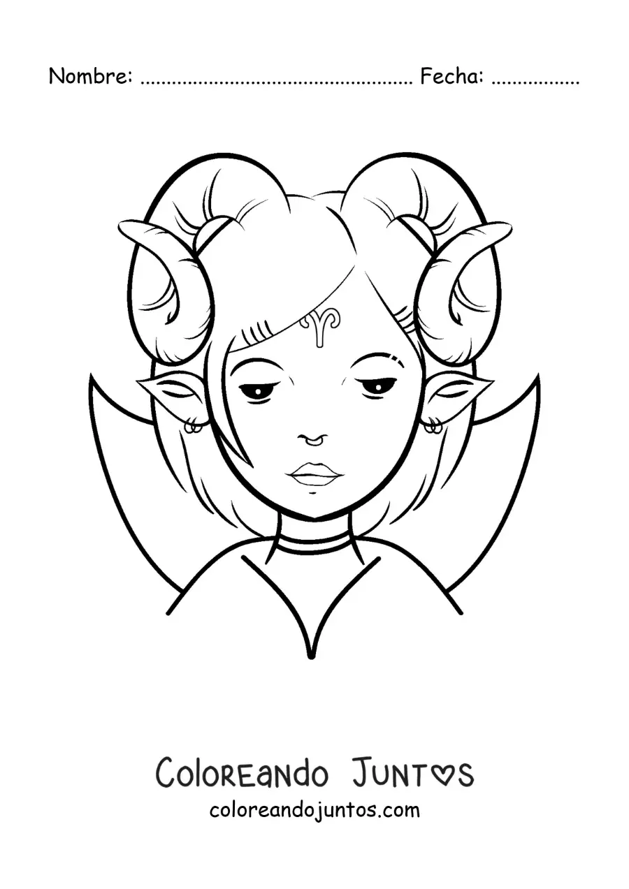 Imagen para colorear de chica del signo aries animada con la letra mu