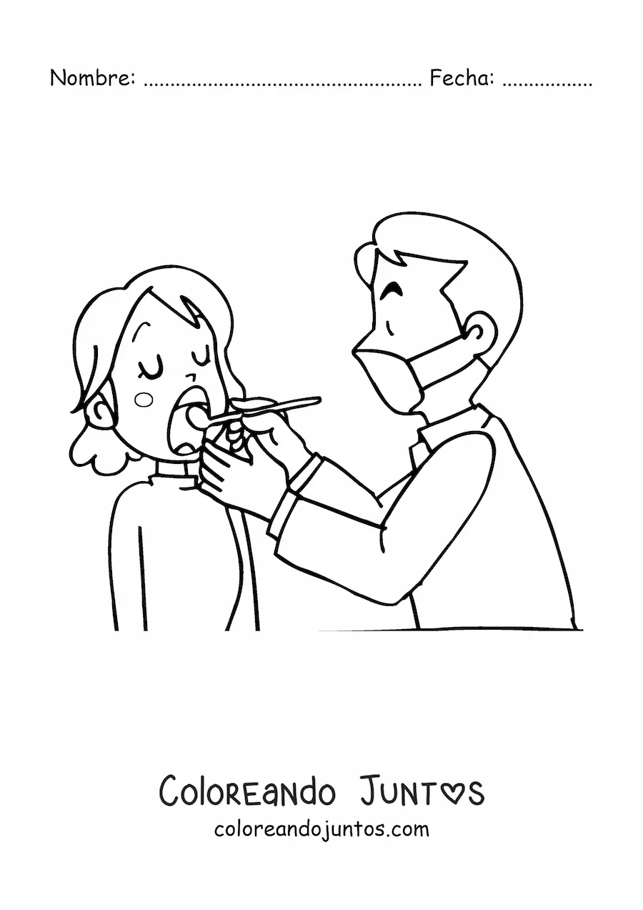 Imagen para colorear de un dentista animado y su paciente con la boca abierta
