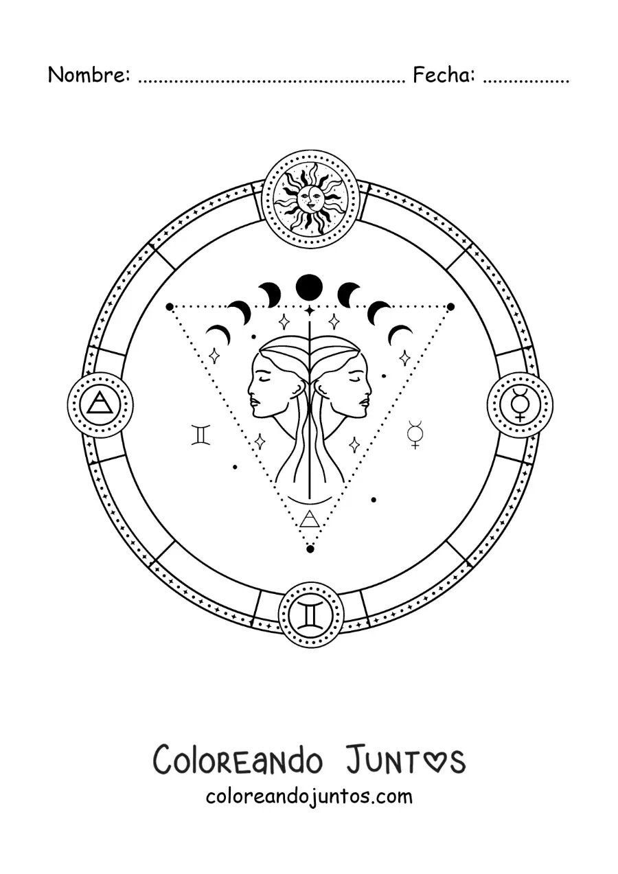 Imagen para colorear de símbolos del signo zodiacal géminis