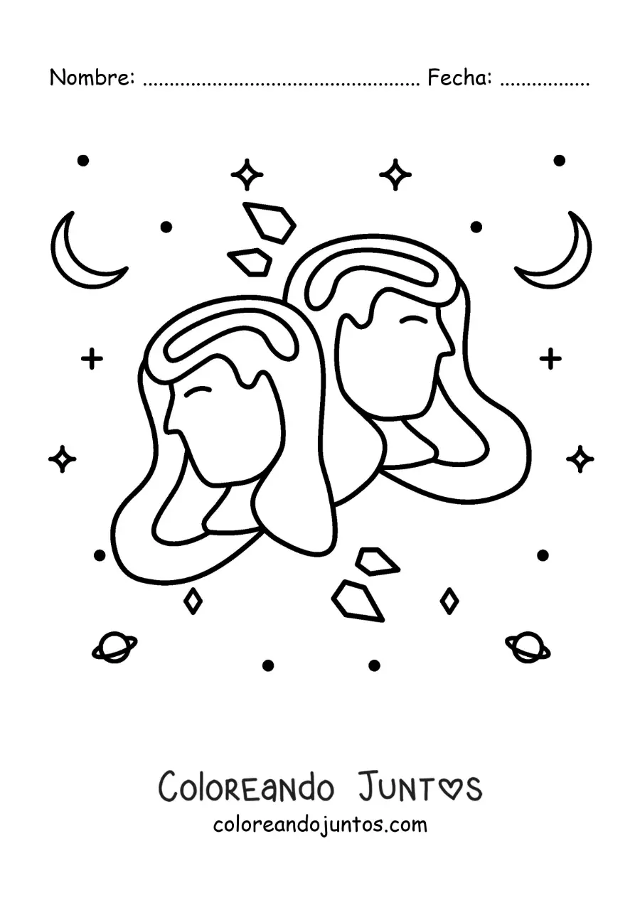 Imagen para colorear de chicas del signo géminis con estrellas y astros