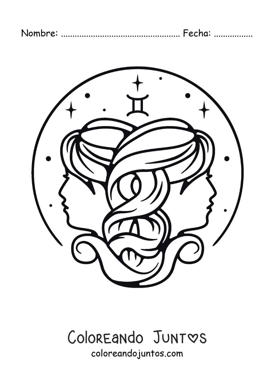 Imagen para colorear de las gemelas de géminis con su símbolo