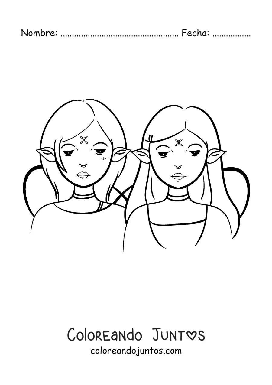 Imagen para colorear de dos chicas animadas del signo géminis de fantasía