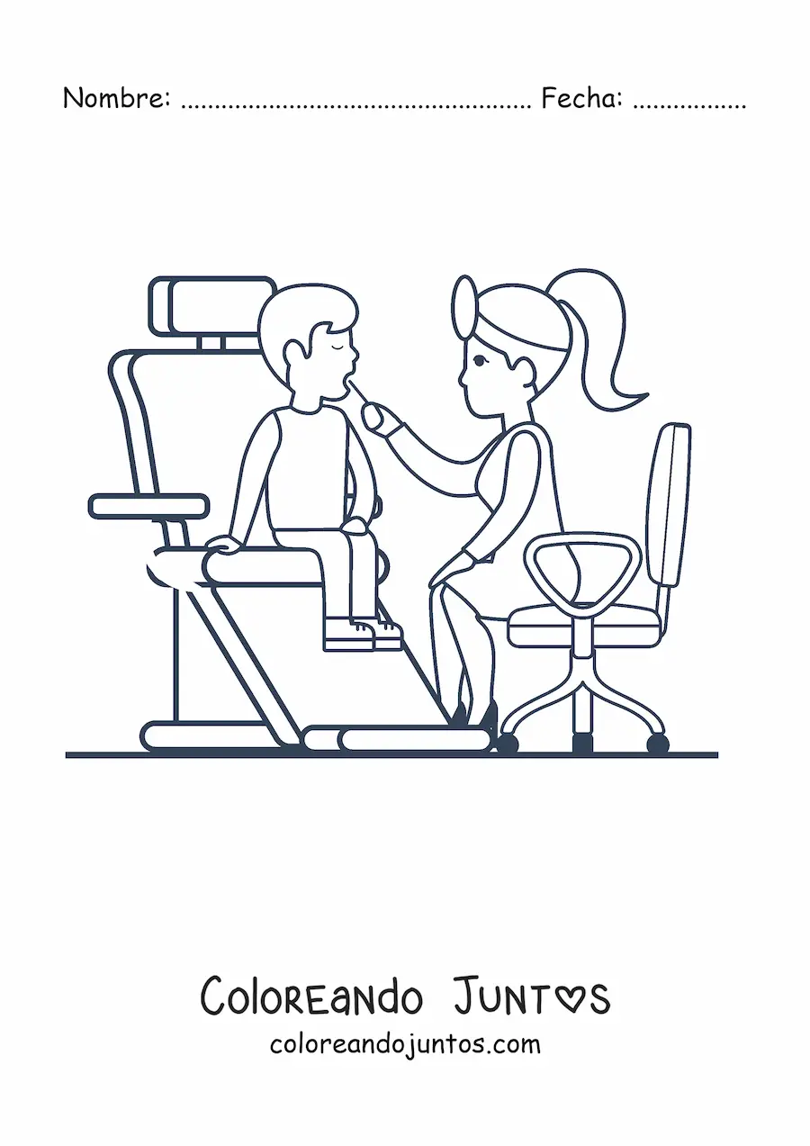 Imagen para colorear de una dentista sentada revisando un paciente