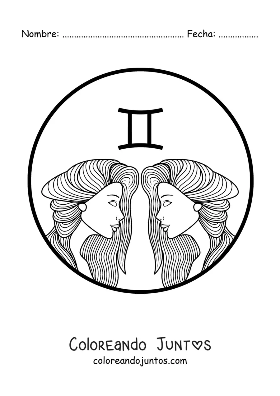 Imagen para colorear del rostro de dos hermosas chicas del signo géminis con su símbolo