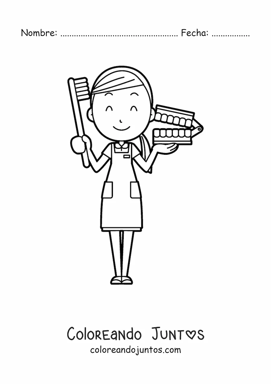 Imagen para colorear de una dentista con implementos de higiene dental