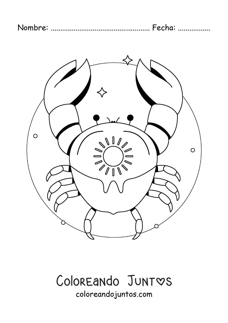 Imagen para colorear de cangrejo del signo cáncer animado con un sol y estrellas