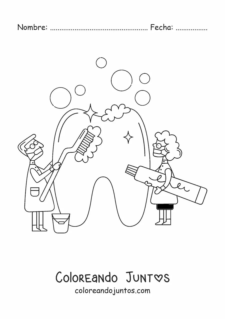 Imagen para colorear de dos dentistas limpiando un diente gigante