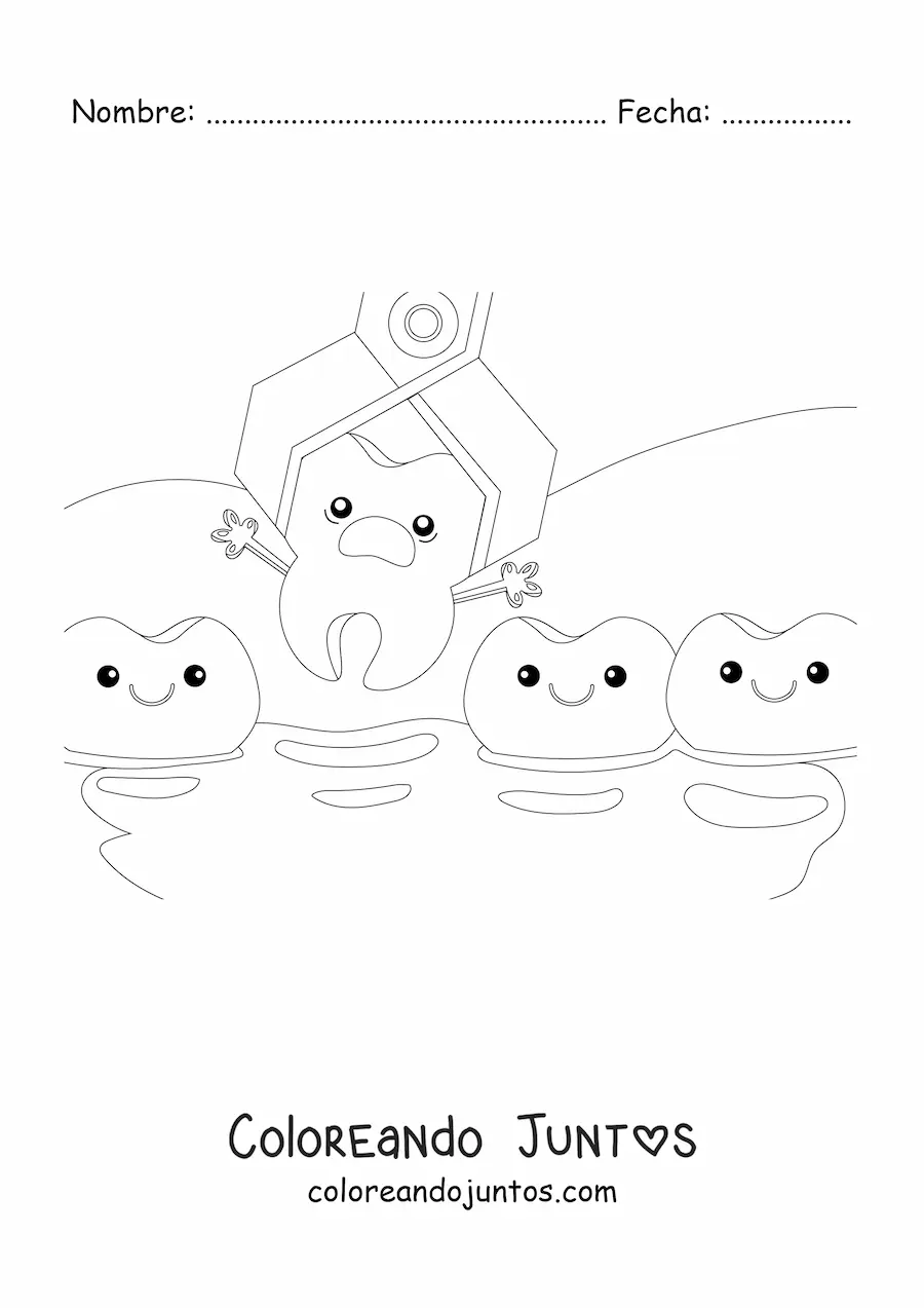 Imagen para colorear de un diente animado kawaii siendo extraído de la dentadura