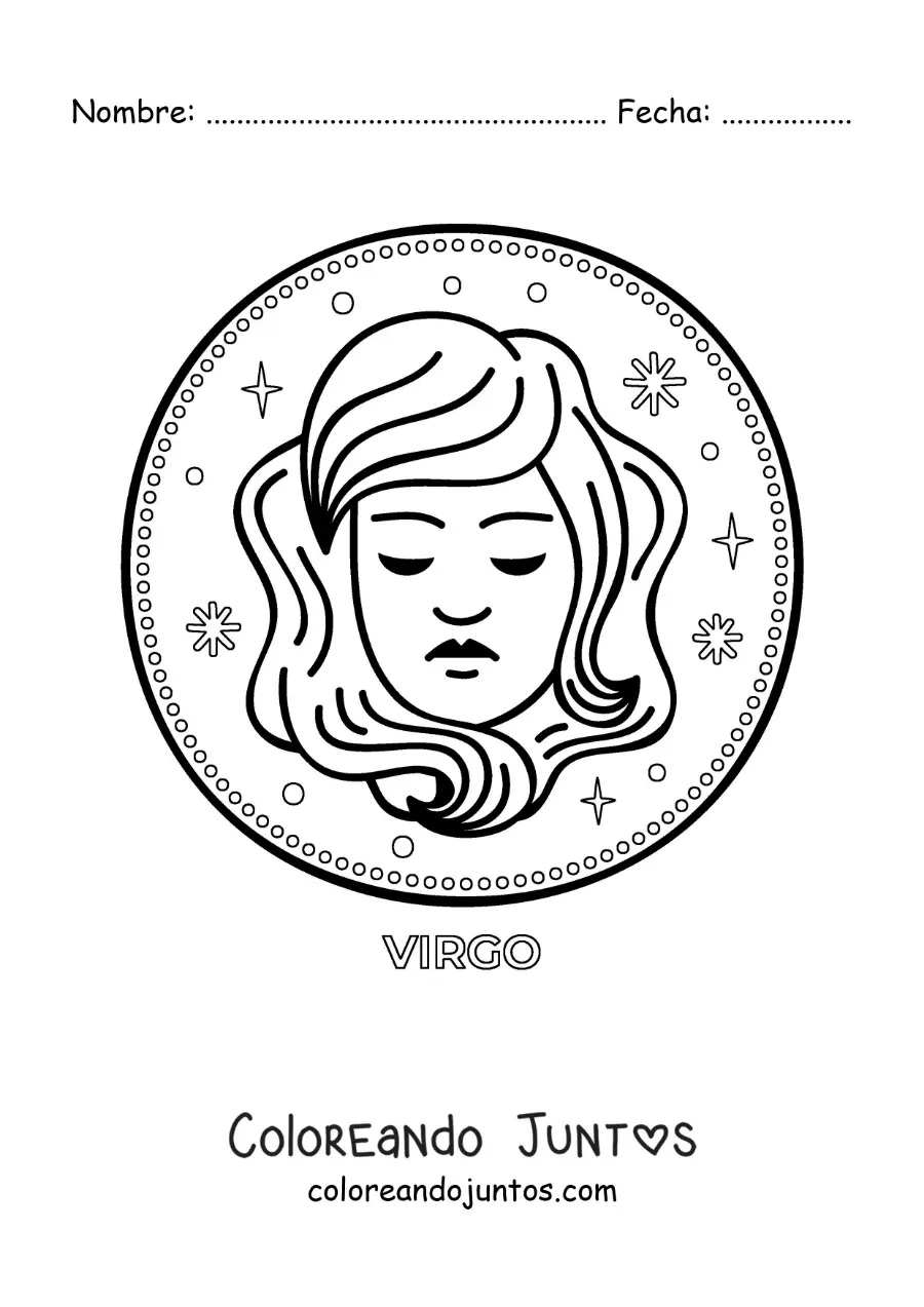 Imagen para colorear del signo zodiacal virgo con estrellas