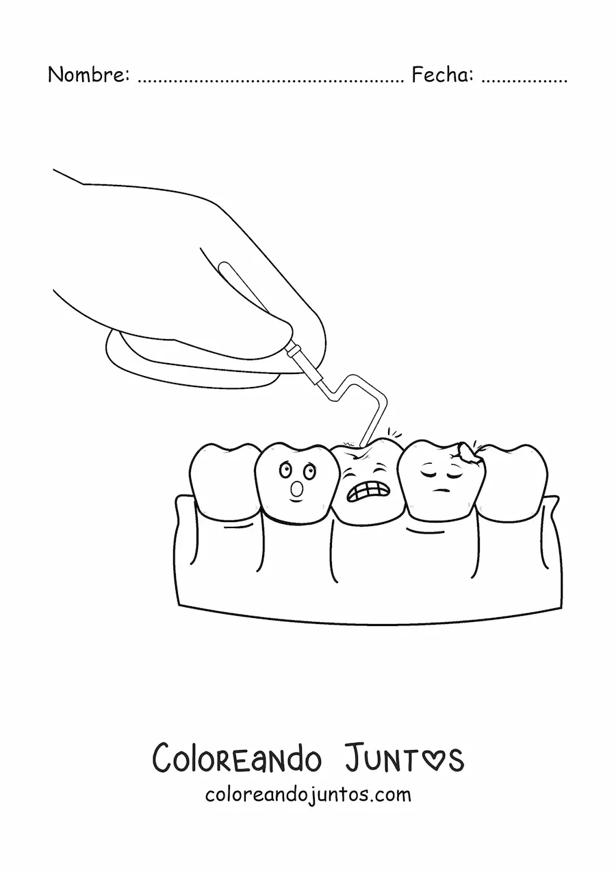 Imagen para colorear del tratamiento de una caries animada