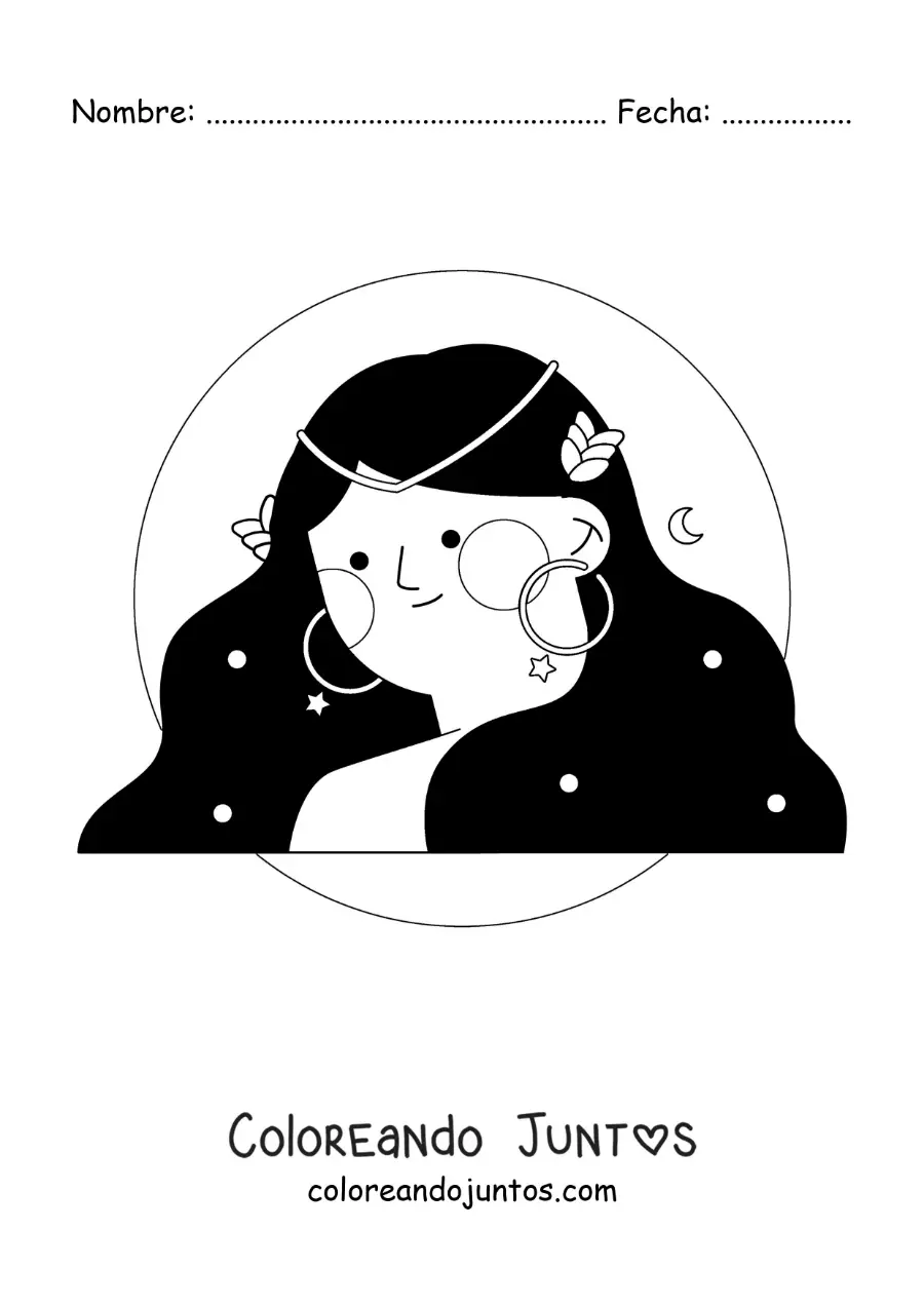 Imagen para colorear de chica del signo zodiacal virgo con una corona de flores