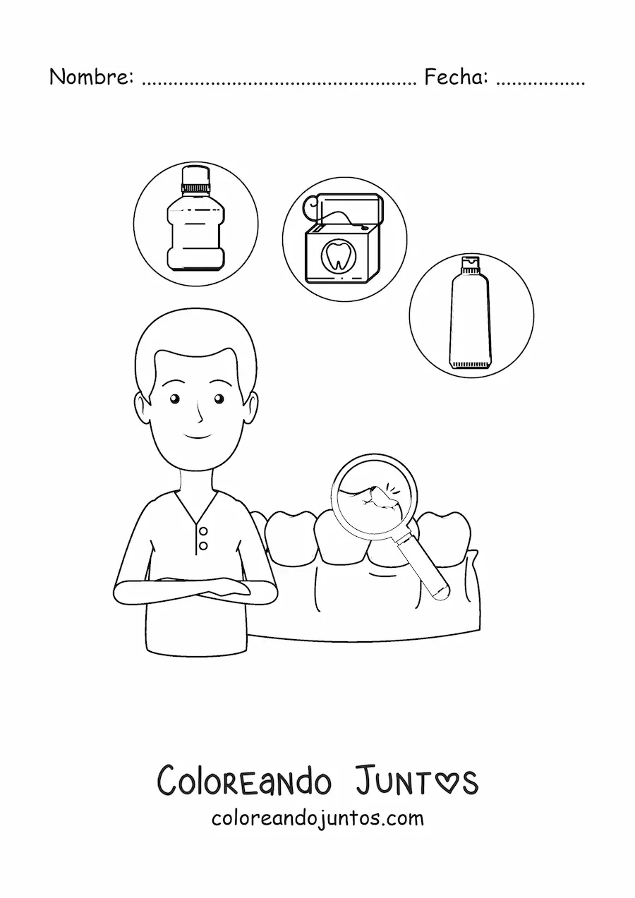Imagen para colorear de un dentista animado y una caries