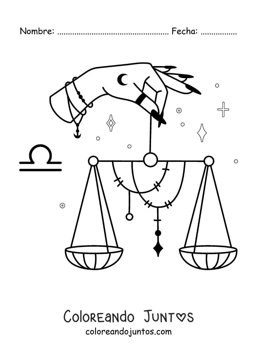 Imagen para colorear de una mano sosteniendo la balanza del signo Libra