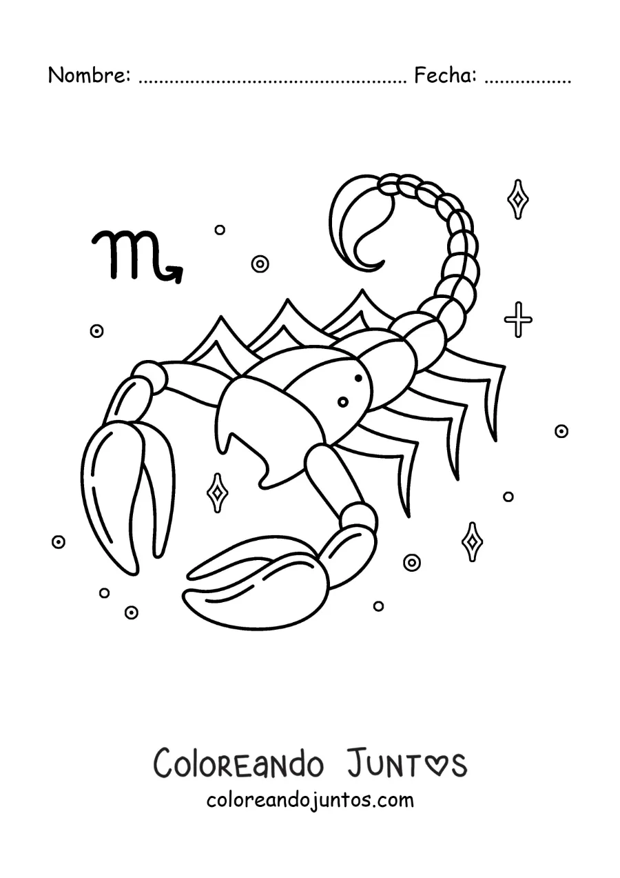 Imagen para colorear de escorpión del signo Escorpio con su símbolo y estrellas