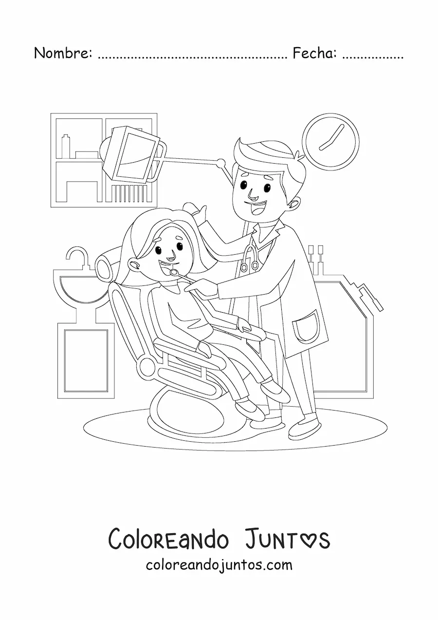 Imagen para colorear de un dentista y una paciente feliz en el consultorio