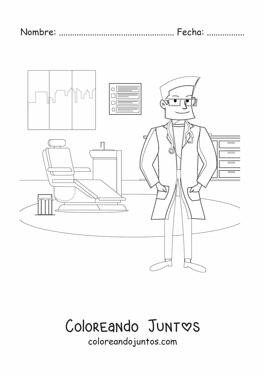 Imagen para colorear de un dentista en su consultorio dental
