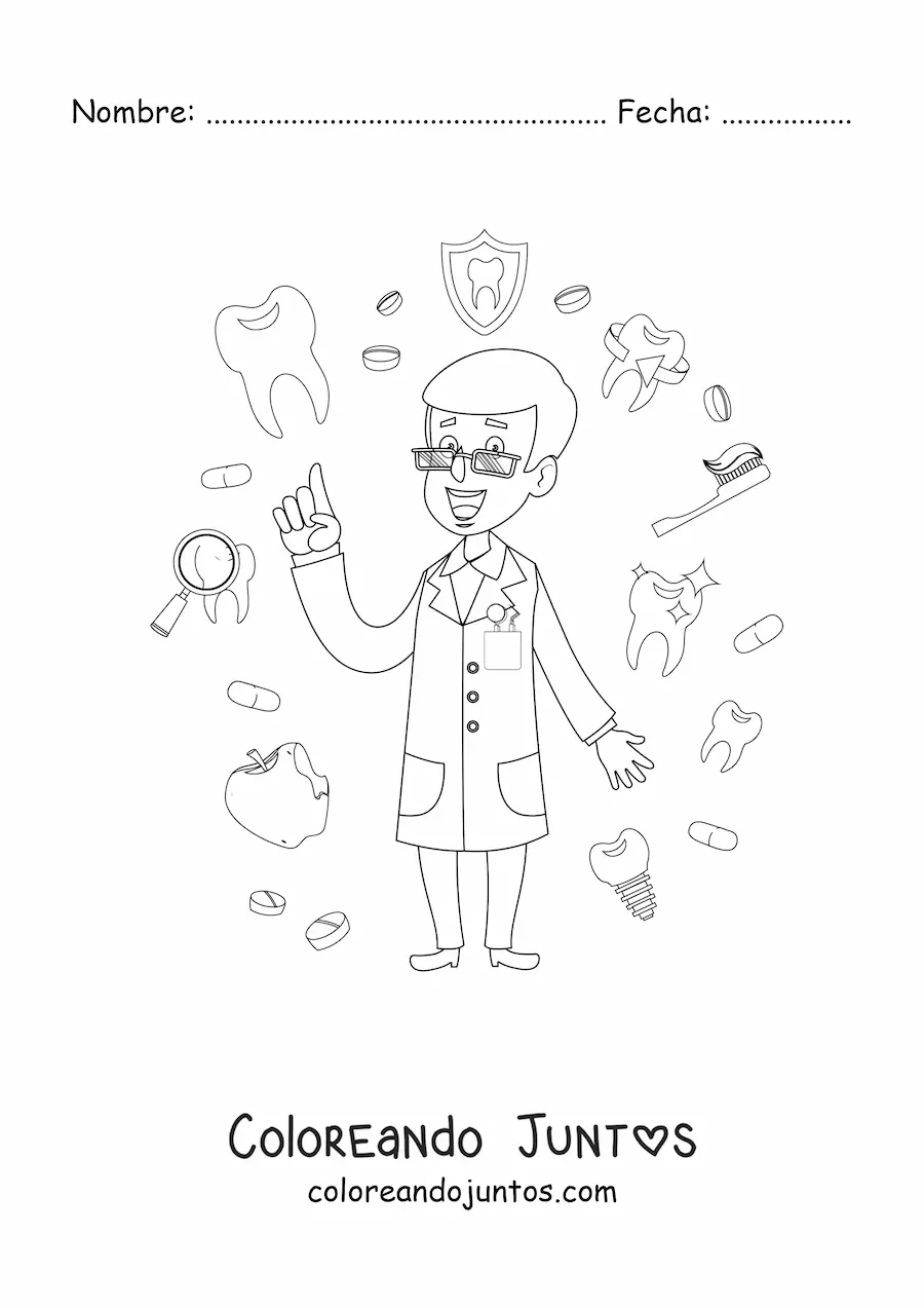 Imagen para colorear de un dentista concientizando sobre la higiene dental