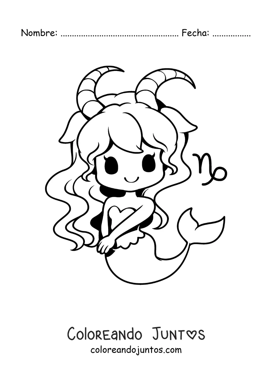 Imagen para colorear de una chica kawaii animada de la mitología del signo Capricornio
