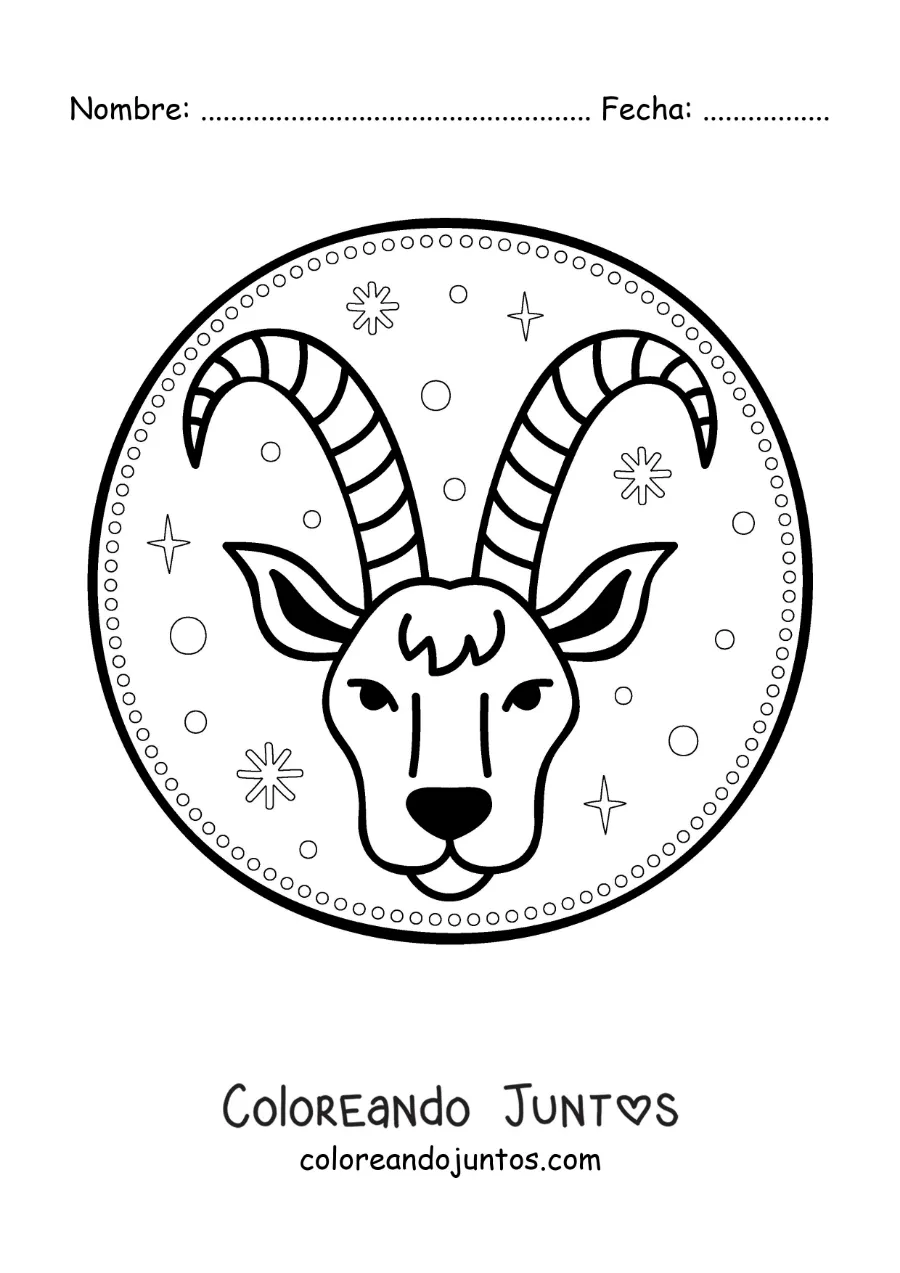 Imagen para colorear de símbolo del signo zodiacal Capricornio animado con estrellas