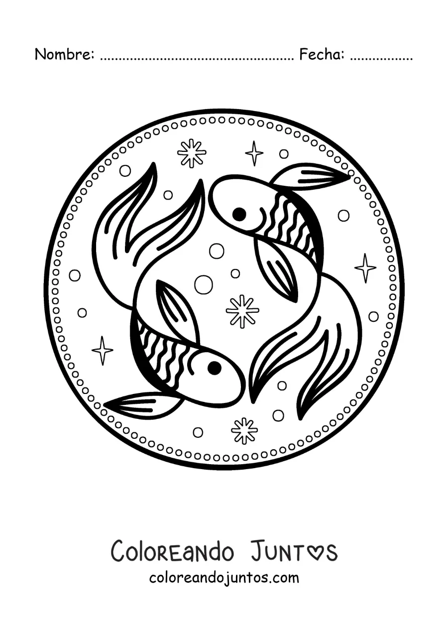 Imagen para colorear de dos peces del signo Piscis animados con estrellas para niños