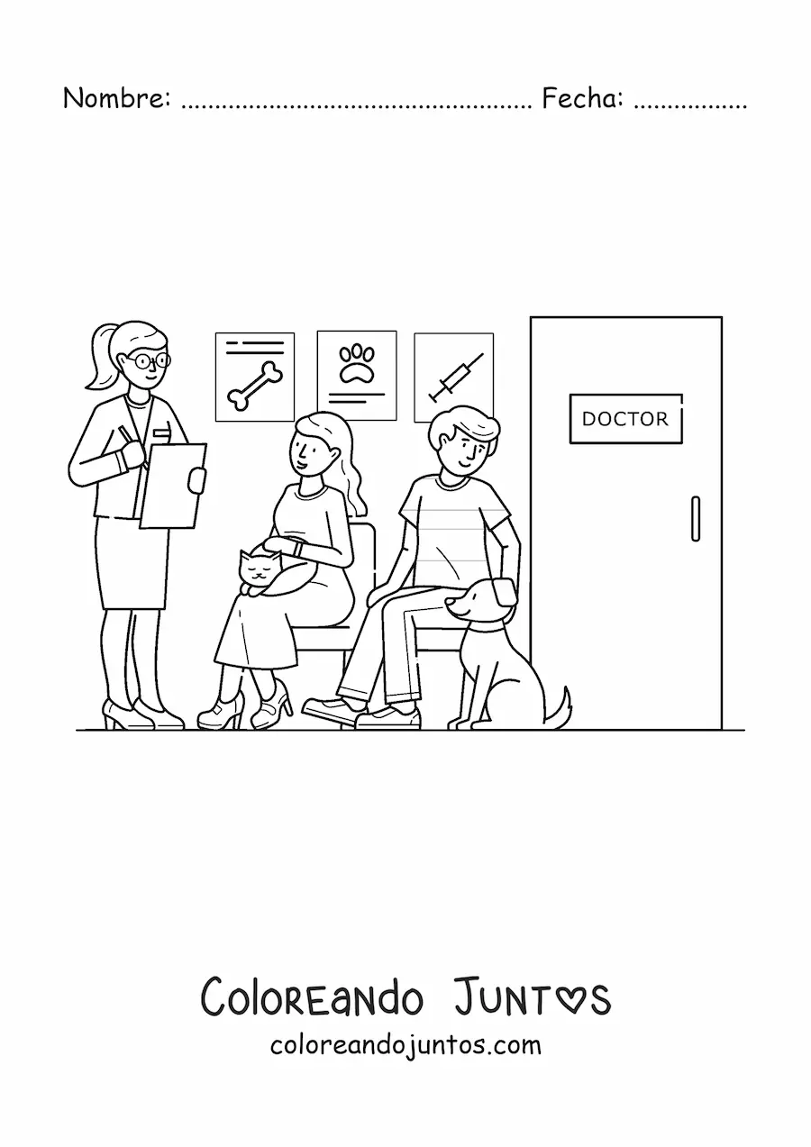 Imagen para colorear de pacientes en la sala de espera en una clínica veterinaria