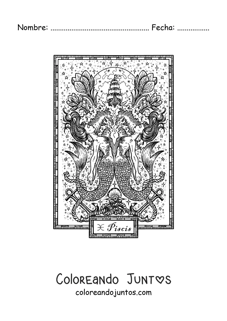 Imagen para colorear de carta del signo Piscis