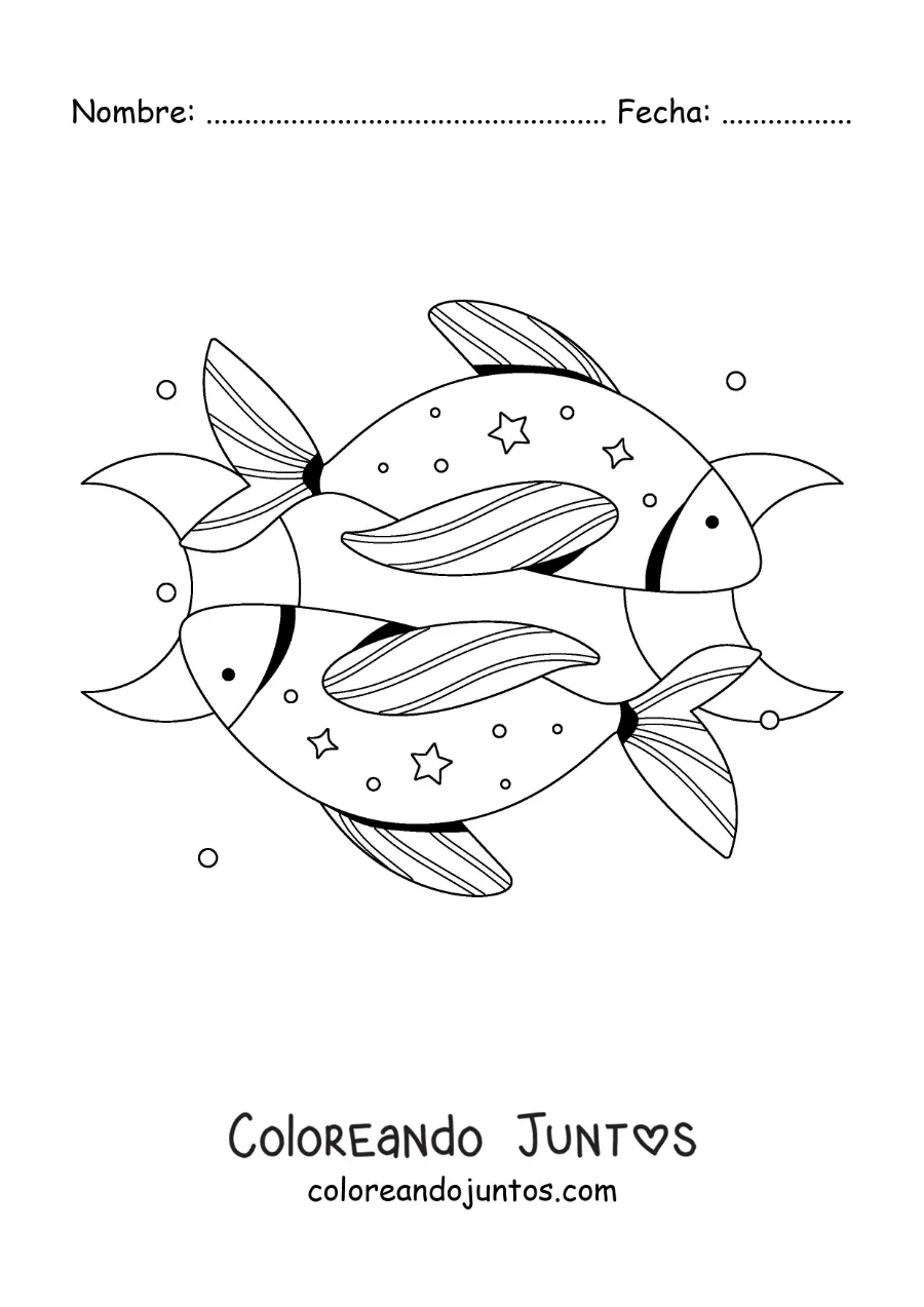 Imagen para colorear de los dos peces del signo Piscis con estrellas
