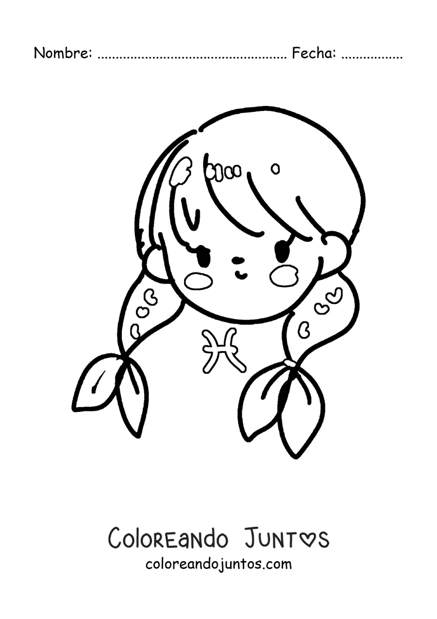 Imagen para colorear de niña kawaii del signo Piscis